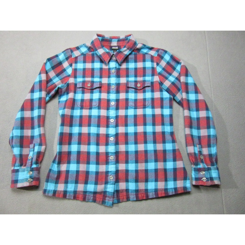 Patagonia Flannel Shirt Womens 8 Blue Excellent Plaid Organic Cotton 53915